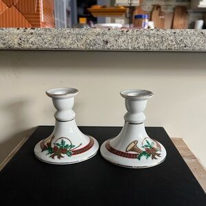 Vintage gold trim candle holder The Hunt set of 2 by George Briard